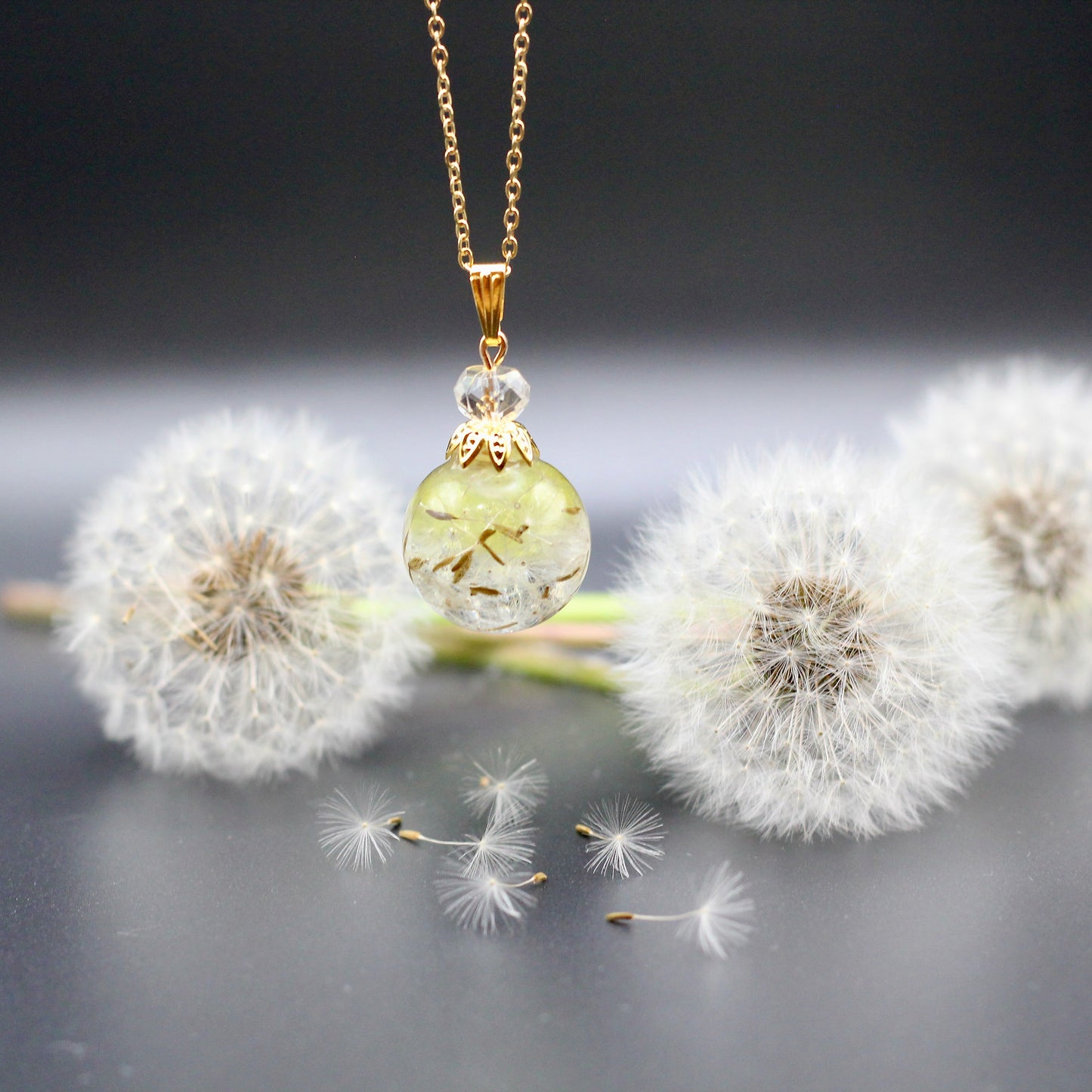 Ketting met echte paardenbloemzaadjes bolvormig