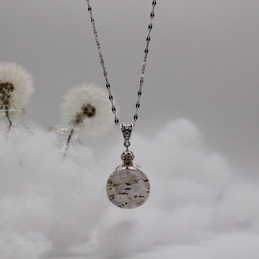 Ketting met echte paardenbloemzaadjes bolvormig zilver