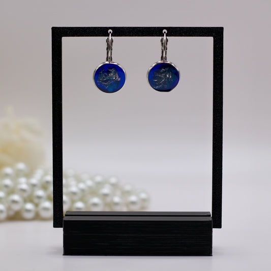 Oorbellen rond blauw en zilver parelmoer